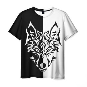 Мужская футболка 3D с принтом Двуликий волк в Екатеринбурге, 100% полиэфир | прямой крой, круглый вырез горловины, длина до линии бедер | Тематика изображения на принте: монохромный | тату | черно белый