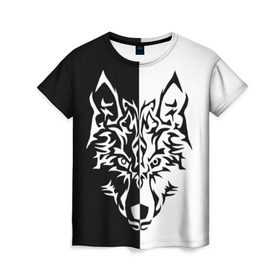 Женская футболка 3D с принтом Двуликий волк в Екатеринбурге, 100% полиэфир ( синтетическое хлопкоподобное полотно) | прямой крой, круглый вырез горловины, длина до линии бедер | монохромный | тату | черно белый