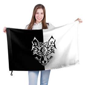 Флаг 3D с принтом Двуликий волк в Екатеринбурге, 100% полиэстер | плотность ткани — 95 г/м2, размер — 67 х 109 см. Принт наносится с одной стороны | монохромный | тату | черно белый