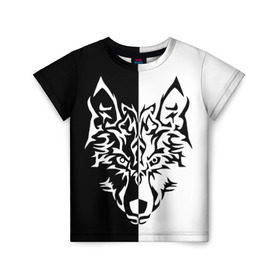 Детская футболка 3D с принтом Двуликий волк в Екатеринбурге, 100% гипоаллергенный полиэфир | прямой крой, круглый вырез горловины, длина до линии бедер, чуть спущенное плечо, ткань немного тянется | Тематика изображения на принте: монохромный | тату | черно белый