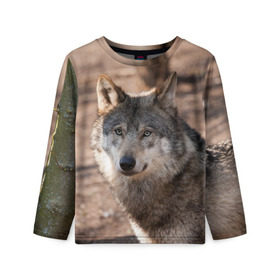 Детский лонгслив 3D с принтом Серый волк в Екатеринбурге, 100% полиэстер | длинные рукава, круглый вырез горловины, полуприлегающий силуэт
 | аука | бирюк | волк | волчара | волчица | волчок | глаза | животное | животные | зверь | зеленые | койот | лес | млекопитающее | природа | санитар леса | серый | уши | фауна | хищник | черный | шакал