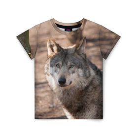 Детская футболка 3D с принтом Серый волк в Екатеринбурге, 100% гипоаллергенный полиэфир | прямой крой, круглый вырез горловины, длина до линии бедер, чуть спущенное плечо, ткань немного тянется | аука | бирюк | волк | волчара | волчица | волчок | глаза | животное | животные | зверь | зеленые | койот | лес | млекопитающее | природа | санитар леса | серый | уши | фауна | хищник | черный | шакал