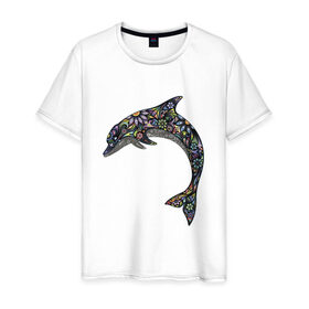 Мужская футболка хлопок с принтом Дельфин в Екатеринбурге, 100% хлопок | прямой крой, круглый вырез горловины, длина до линии бедер, слегка спущенное плечо. | дельфин | животное