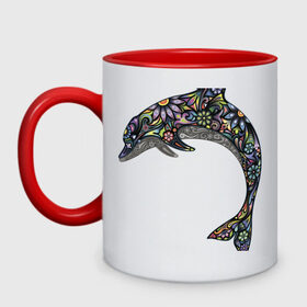 Кружка двухцветная с принтом Дельфин в Екатеринбурге, керамика | объем — 330 мл, диаметр — 80 мм. Цветная ручка и кайма сверху, в некоторых цветах — вся внутренняя часть | Тематика изображения на принте: дельфин | животное
