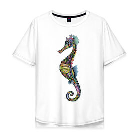 Мужская футболка хлопок Oversize с принтом Морской конек в Екатеринбурге, 100% хлопок | свободный крой, круглый ворот, “спинка” длиннее передней части | животное | конек | лето | море | океан | рыба