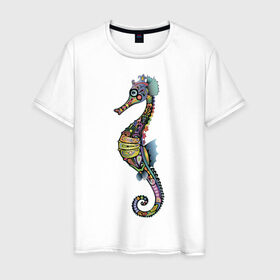 Мужская футболка хлопок с принтом Морской конек в Екатеринбурге, 100% хлопок | прямой крой, круглый вырез горловины, длина до линии бедер, слегка спущенное плечо. | животное | конек | лето | море | океан | рыба