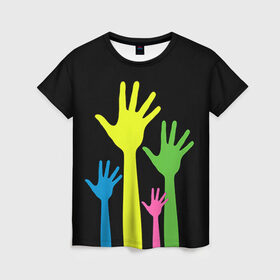 Женская футболка 3D с принтом Руки вверх! в Екатеринбурге, 100% полиэфир ( синтетическое хлопкоподобное полотно) | прямой крой, круглый вырез горловины, длина до линии бедер | светящиеся | флуоресцентный | флюр | флюровый
