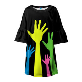 Детское платье 3D с принтом Руки вверх! в Екатеринбурге, 100% полиэстер | прямой силуэт, чуть расширенный к низу. Круглая горловина, на рукавах — воланы | Тематика изображения на принте: светящиеся | флуоресцентный | флюр | флюровый