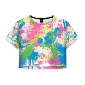 Женская футболка 3D укороченная с принтом Брызги в Екатеринбурге, 100% полиэстер | круглая горловина, длина футболки до линии талии, рукава с отворотами | абстракция