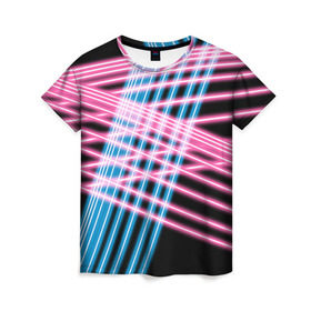 Женская футболка 3D с принтом Неон в Екатеринбурге, 100% полиэфир ( синтетическое хлопкоподобное полотно) | прямой крой, круглый вырез горловины, длина до линии бедер | линии | полосы | светящиеся | флуоресцентный | флюр | флюровый