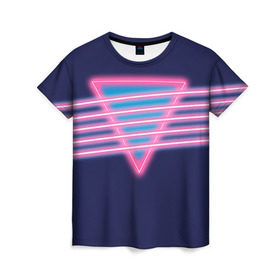 Женская футболка 3D с принтом Неон в Екатеринбурге, 100% полиэфир ( синтетическое хлопкоподобное полотно) | прямой крой, круглый вырез горловины, длина до линии бедер | Тематика изображения на принте: линии | полосы | светящиеся | треугольник | флуоресцентный | флюр | флюровый
