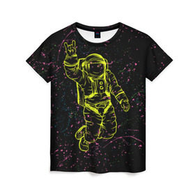 Женская футболка 3D с принтом Космический рок в Екатеринбурге, 100% полиэфир ( синтетическое хлопкоподобное полотно) | прямой крой, круглый вырез горловины, длина до линии бедер | космонавт | светящиеся | скафандр | флуоресцентный | флюр | флюровый