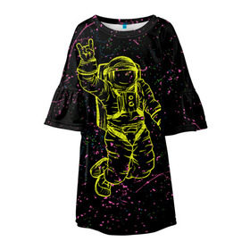 Детское платье 3D с принтом Космический рок в Екатеринбурге, 100% полиэстер | прямой силуэт, чуть расширенный к низу. Круглая горловина, на рукавах — воланы | космонавт | светящиеся | скафандр | флуоресцентный | флюр | флюровый