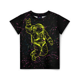 Детская футболка 3D с принтом Космический рок в Екатеринбурге, 100% гипоаллергенный полиэфир | прямой крой, круглый вырез горловины, длина до линии бедер, чуть спущенное плечо, ткань немного тянется | Тематика изображения на принте: космонавт | светящиеся | скафандр | флуоресцентный | флюр | флюровый