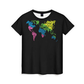 Женская футболка 3D с принтом Весь мир - Россия в Екатеринбурге, 100% полиэфир ( синтетическое хлопкоподобное полотно) | прямой крой, круглый вырез горловины, длина до линии бедер | карта мира | светящиеся | флуоресцентный | флюр | флюровый