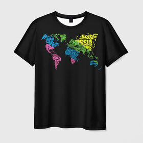 Мужская футболка 3D с принтом Весь мир - Россия в Екатеринбурге, 100% полиэфир | прямой крой, круглый вырез горловины, длина до линии бедер | Тематика изображения на принте: карта мира | светящиеся | флуоресцентный | флюр | флюровый