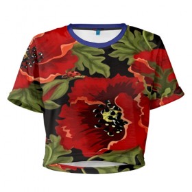 Женская футболка 3D укороченная с принтом Цветение мака в Екатеринбурге, 100% полиэстер | круглая горловина, длина футболки до линии талии, рукава с отворотами | flower | красные | полевой цветок | природа | розы | текстуры | цветочки | цветы