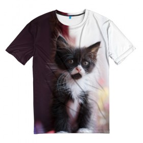 Мужская футболка 3D с принтом Черно - белый котенок в Екатеринбурге, 100% полиэфир | прямой крой, круглый вырез горловины, длина до линии бедер | Тематика изображения на принте: грустный | добрый | животное | киса | киска кися | кот | котенок | котэ | кошка | лапа | лапка | ласковый | милый | моська | мурлыка | смешной | унылый | усатый | шерсть