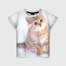 Детская футболка 3D с принтом Любопытный котенок в Екатеринбурге, 100% гипоаллергенный полиэфир | прямой крой, круглый вырез горловины, длина до линии бедер, чуть спущенное плечо, ткань немного тянется | Тематика изображения на принте: грустный | добрый | животное | киса | киска кися | кот | котенок | котэ | кошка | красивый | лапа | лапка | ласковый | милый | моська | мурлыка | прикольный | смешной | унылый | усатый | шерсть