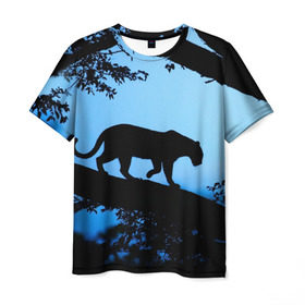 Мужская футболка 3D с принтом Чёрная пантера в Екатеринбурге, 100% полиэфир | прямой крой, круглый вырез горловины, длина до линии бедер | Тематика изображения на принте: африка | вечер | дерево | дикая кошка | закат | леопард | сафари | ягуар