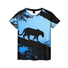 Женская футболка 3D с принтом Чёрная пантера в Екатеринбурге, 100% полиэфир ( синтетическое хлопкоподобное полотно) | прямой крой, круглый вырез горловины, длина до линии бедер | африка | вечер | дерево | дикая кошка | закат | леопард | сафари | ягуар
