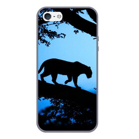 Чехол для iPhone 5/5S матовый с принтом Чёрная пантера в Екатеринбурге, Силикон | Область печати: задняя сторона чехла, без боковых панелей | африка | вечер | дерево | дикая кошка | закат | леопард | сафари | ягуар