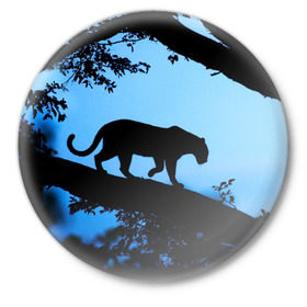 Значок с принтом Чёрная пантера в Екатеринбурге,  металл | круглая форма, металлическая застежка в виде булавки | Тематика изображения на принте: африка | вечер | дерево | дикая кошка | закат | леопард | сафари | ягуар