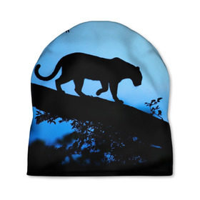 Шапка 3D с принтом Чёрная пантера в Екатеринбурге, 100% полиэстер | универсальный размер, печать по всей поверхности изделия | Тематика изображения на принте: африка | вечер | дерево | дикая кошка | закат | леопард | сафари | ягуар
