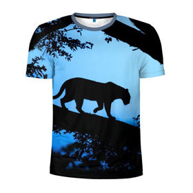 Мужская футболка 3D спортивная с принтом Чёрная пантера в Екатеринбурге, 100% полиэстер с улучшенными характеристиками | приталенный силуэт, круглая горловина, широкие плечи, сужается к линии бедра | Тематика изображения на принте: африка | вечер | дерево | дикая кошка | закат | леопард | сафари | ягуар