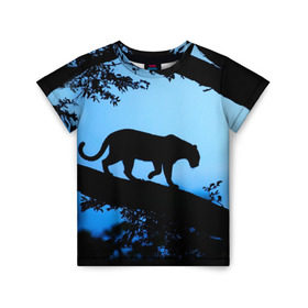 Детская футболка 3D с принтом Чёрная пантера в Екатеринбурге, 100% гипоаллергенный полиэфир | прямой крой, круглый вырез горловины, длина до линии бедер, чуть спущенное плечо, ткань немного тянется | африка | вечер | дерево | дикая кошка | закат | леопард | сафари | ягуар