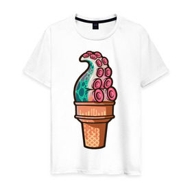 Мужская футболка хлопок с принтом Мороженое в Екатеринбурге, 100% хлопок | прямой крой, круглый вырез горловины, длина до линии бедер, слегка спущенное плечо. | мороженое | осьминог | присоски | тентакли | щупальца