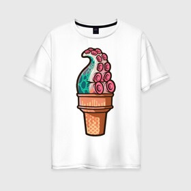 Женская футболка хлопок Oversize с принтом Мороженое в Екатеринбурге, 100% хлопок | свободный крой, круглый ворот, спущенный рукав, длина до линии бедер
 | мороженое | осьминог | присоски | тентакли | щупальца