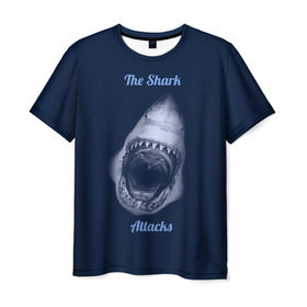 Мужская футболка 3D с принтом the shark attacks в Екатеринбурге, 100% полиэфир | прямой крой, круглый вырез горловины, длина до линии бедер | shark | акула | глубина | зубы | море | океан | пасть | укус | хищник