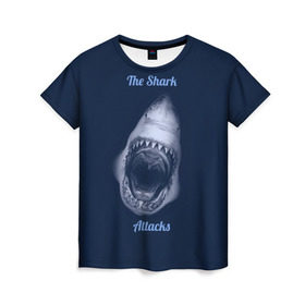 Женская футболка 3D с принтом the shark attacks в Екатеринбурге, 100% полиэфир ( синтетическое хлопкоподобное полотно) | прямой крой, круглый вырез горловины, длина до линии бедер | shark | акула | глубина | зубы | море | океан | пасть | укус | хищник