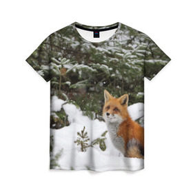 Женская футболка 3D с принтом Лиса в зимнем лесу в Екатеринбурге, 100% полиэфир ( синтетическое хлопкоподобное полотно) | прямой крой, круглый вырез горловины, длина до линии бедер | fox | животное | зверь | красивая | лес | лис | лиса | лисенок | лисица | лисичка | мех | патрикеевна | песец | плутовка | прикольная | природа | рыжая | рыжий цвет | сказка | хвост | хитрая | хищник