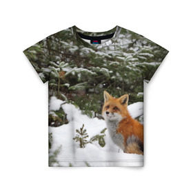 Детская футболка 3D с принтом Лиса в зимнем лесу в Екатеринбурге, 100% гипоаллергенный полиэфир | прямой крой, круглый вырез горловины, длина до линии бедер, чуть спущенное плечо, ткань немного тянется | Тематика изображения на принте: fox | животное | зверь | красивая | лес | лис | лиса | лисенок | лисица | лисичка | мех | патрикеевна | песец | плутовка | прикольная | природа | рыжая | рыжий цвет | сказка | хвост | хитрая | хищник