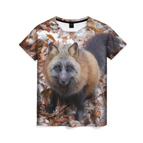 Женская футболка 3D с принтом Черный лис в Екатеринбурге, 100% полиэфир ( синтетическое хлопкоподобное полотно) | прямой крой, круглый вырез горловины, длина до линии бедер | fox | животное | зверь | красивая | лес | лис | лиса | лисенок | лисица | лисичка | мех | патрикеевна | песец | плутовка | прикольная | природа | рыжая | рыжий цвет | сказка | хвост | хитрая | хищник