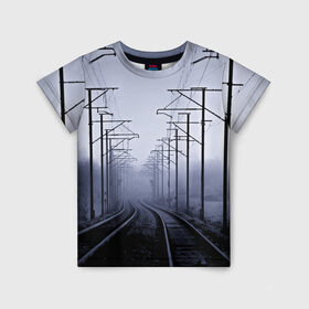 Детская футболка 3D с принтом Туманная дорога в Екатеринбурге, 100% гипоаллергенный полиэфир | прямой крой, круглый вырез горловины, длина до линии бедер, чуть спущенное плечо, ткань немного тянется | 3d | железная дорога | пути | столбы | страны | туман | туманная дорога