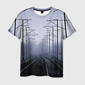 Мужская футболка 3D с принтом Туманная дорога в Екатеринбурге, 100% полиэфир | прямой крой, круглый вырез горловины, длина до линии бедер | 3d | железная дорога | пути | столбы | страны | туман | туманная дорога