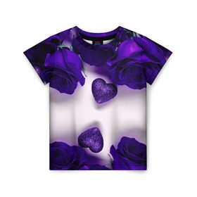 Детская футболка 3D с принтом Фиолетовые розы в Екатеринбурге, 100% гипоаллергенный полиэфир | прямой крой, круглый вырез горловины, длина до линии бедер, чуть спущенное плечо, ткань немного тянется | flower | весна | красивые цветы | лето | природа | цветок | цветочки | цветы