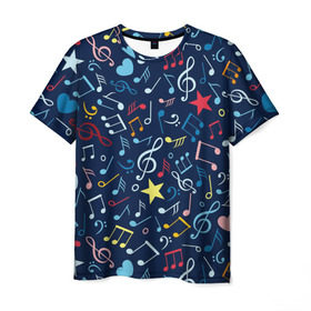 Мужская футболка 3D с принтом Ноты в Екатеринбурге, 100% полиэфир | прямой крой, круглый вырез горловины, длина до линии бедер | звездочки | ноты | сердечки
