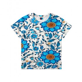 Детская футболка 3D с принтом Цветочный узор в Екатеринбурге, 100% гипоаллергенный полиэфир | прямой крой, круглый вырез горловины, длина до линии бедер, чуть спущенное плечо, ткань немного тянется | 3d | весна | другие | красивые цветы | лето | полевой цветок | прикольные | природа | синие цветы | текстуры | цветочки | цветы