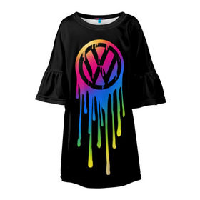 Детское платье 3D с принтом Volkswagen в Екатеринбурге, 100% полиэстер | прямой силуэт, чуть расширенный к низу. Круглая горловина, на рукавах — воланы | brand | bright | car | color | drops | flow | germany | logo | rainbow | sign | spectrum | volkswagen | автомобиль | германия | знак | капли | логотип | марка | радуга | спектр | течет | цвет | яркий