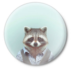 Значок с принтом Хипстер Енот в Екатеринбурге,  металл | круглая форма, металлическая застежка в виде булавки | raccoon | енот