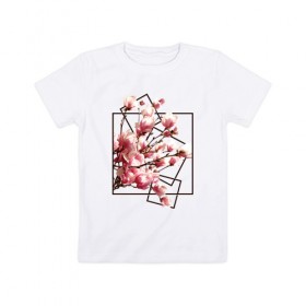 Детская футболка хлопок с принтом Магнолия в Екатеринбурге, 100% хлопок | круглый вырез горловины, полуприлегающий силуэт, длина до линии бедер | Тематика изображения на принте: весна | геометрия | деревья | квадраты | цветение | цветы