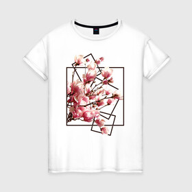 Женская футболка хлопок с принтом Магнолия в Екатеринбурге, 100% хлопок | прямой крой, круглый вырез горловины, длина до линии бедер, слегка спущенное плечо | весна | геометрия | деревья | квадраты | цветение | цветы