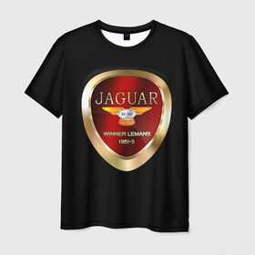 Мужская футболка 3D с принтом Jaguar в Екатеринбурге, 100% полиэфир | прямой крой, круглый вырез горловины, длина до линии бедер | Тематика изображения на принте: brand | car | jaguar | logo | автомобиль | британия | логотип | марка