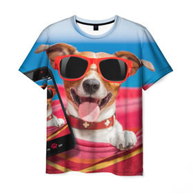 Мужская футболка 3D с принтом Джек рассел - в гамаке в Екатеринбурге, 100% полиэфир | прямой крой, круглый вырез горловины, длина до линии бедер | волкодав | дворняжка | джек | джек рассел | домашние животные | любимец | мопс | овчарка | пес | песик | питомец | рассел | сенбернар | собака | собачка