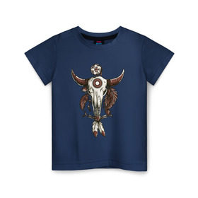 Детская футболка хлопок с принтом Тотем в Екатеринбурге, 100% хлопок | круглый вырез горловины, полуприлегающий силуэт, длина до линии бедер | Тематика изображения на принте: бубен | индеец | перья | тотем | череп | череп быка | шаман