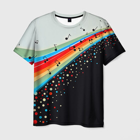 Мужская футболка 3D с принтом Музыка в Екатеринбурге, 100% полиэфир | прямой крой, круглый вырез горловины, длина до линии бедер | watercolor | абстракция красок | брызги красок | краска | круги | музыка | ноты | потертость красок